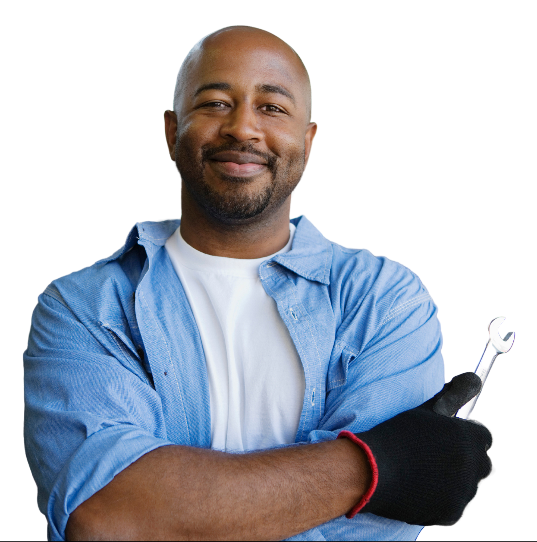 african american man holding tool and smiling,